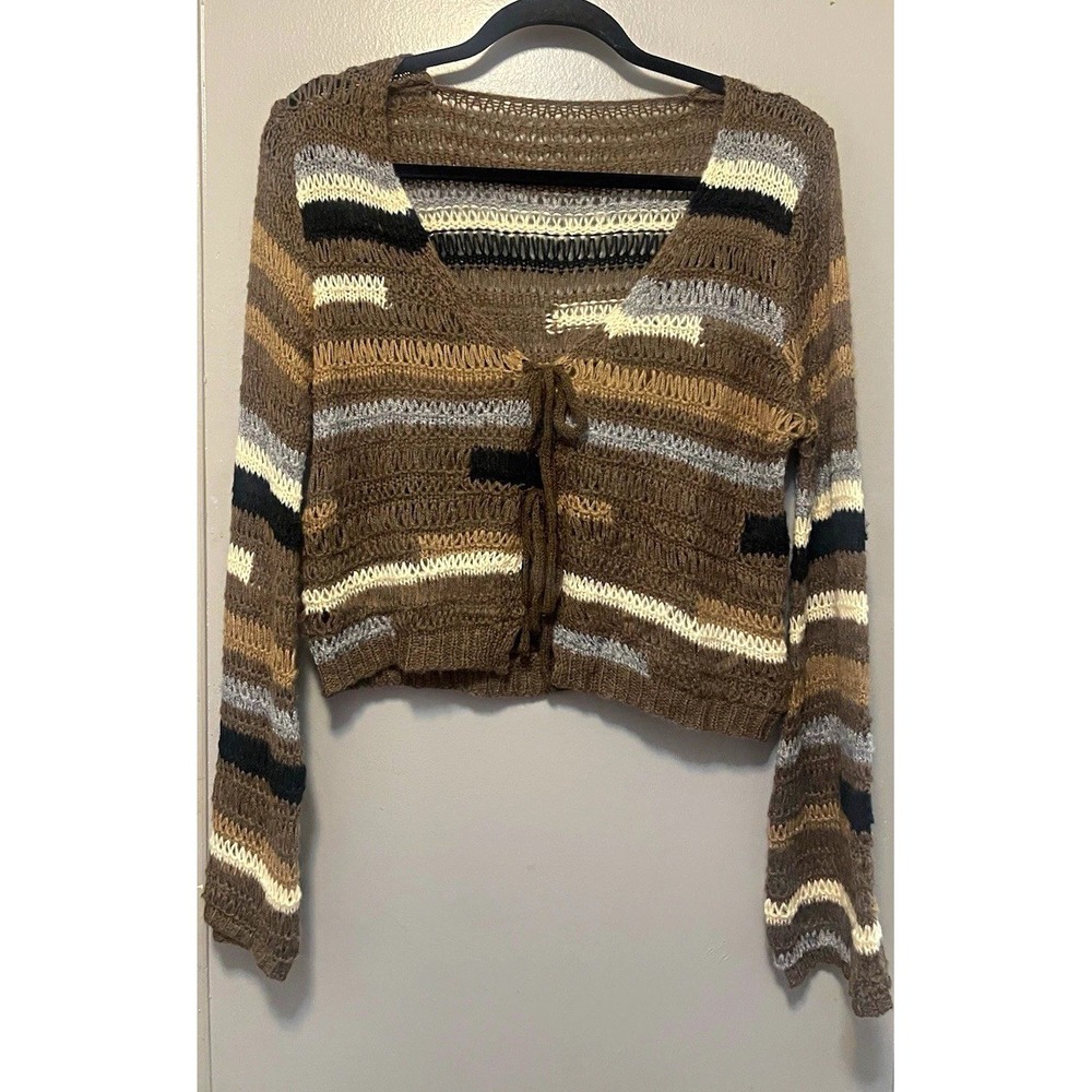 Cider Women's Open-Knit Tie Front Striped Cardigan Sweater Mohair Wool Sz S